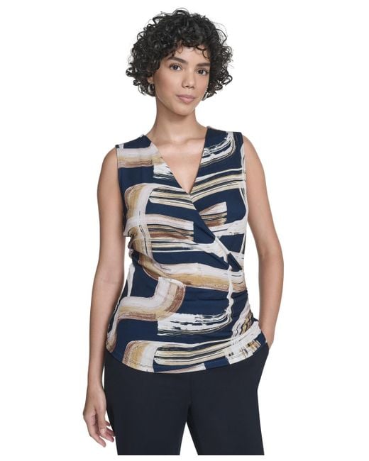 Calvin Klein Blue Printed Surplice-neck Ruched Blouse
