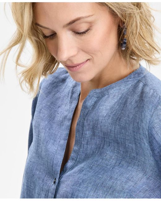 Charter Club Blue Button-down Roll-tab-sleeve Woven 100% Linen Top