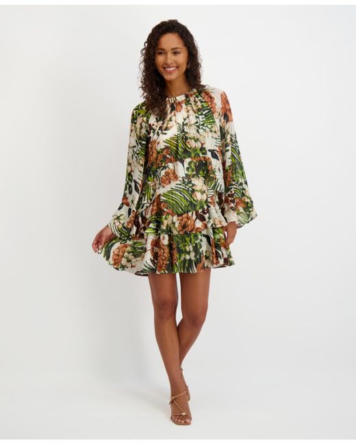 Kensie Green Printed Ruffled Volume-sleeve Tiered Dress