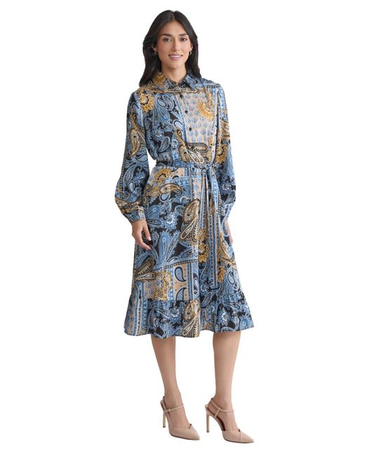 Jones New York Blue Collared Paisley Tie-waist Shirtdress