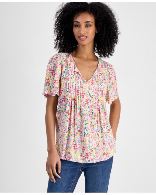 Tommy Hilfiger White Pintucked Floral-print Top