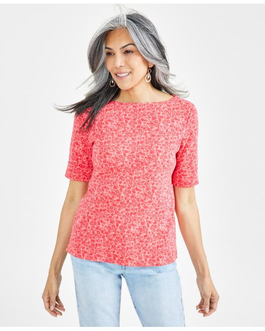 Style & Co. Red Printed Boat-neck Elbow-sleeve Knit Top