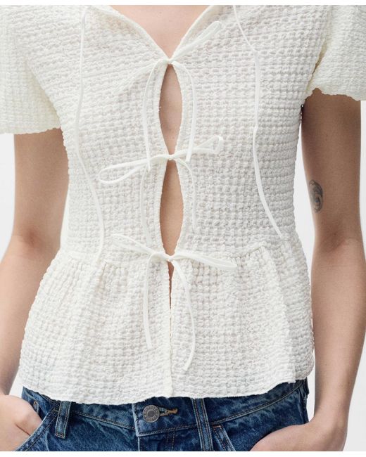 Mango White Bow Closure Textured Blouse