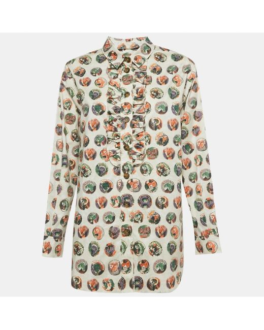 Pre-owned Burberry White Beige Mask Print Cotton Ruffle Detail Shirt