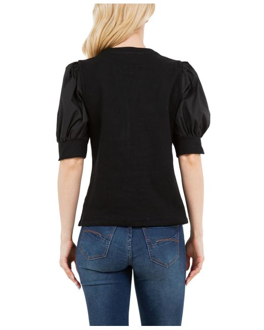 Fever Black Ribbed Knit Henley With Woven Puff Sleeve