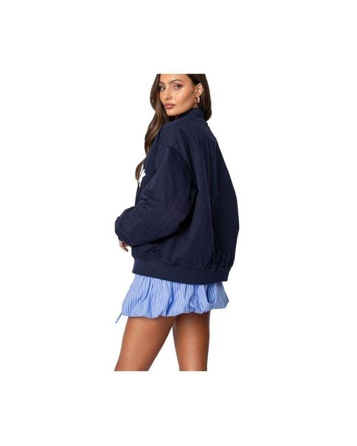 Edikted Blue Big Apple Oversized Bomber Jacket