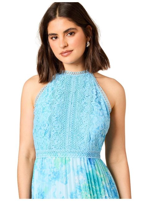 Oasis Blue Printed Lace Mix Halterneck Midi Dress