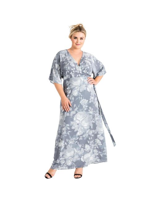 Standards & Practices Blue Plus Size Floral Chiffon Kimono Wrap Dress Maxi Length