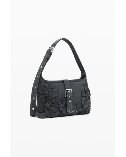 Desigual Black Medium Bag With Flower Appliqués, Cotton