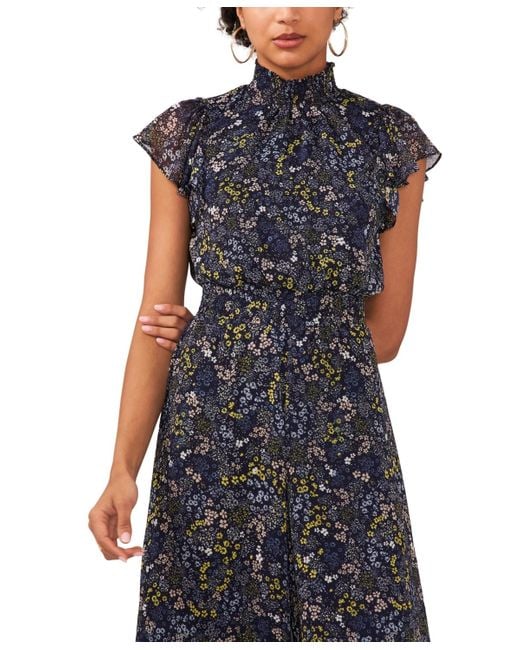 Msk Black Floral-print Flutter-sleeve Smocked Jumpsuit