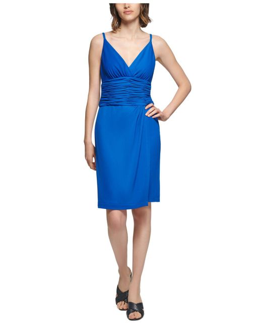 Calvin Klein Ruched-waist Surplice-neck Dress in Blue | Lyst