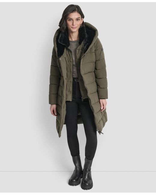 DKNY Green Belted Asymmetrical Zip Front Puffer Coat