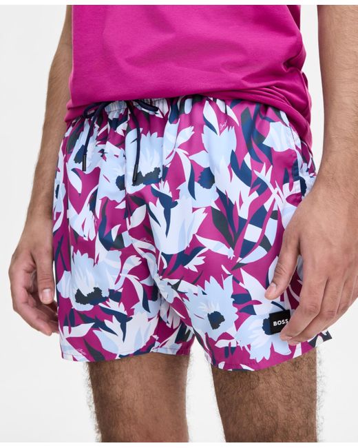 Boss Purple Abstract Floral 5" Swim Shorts for men