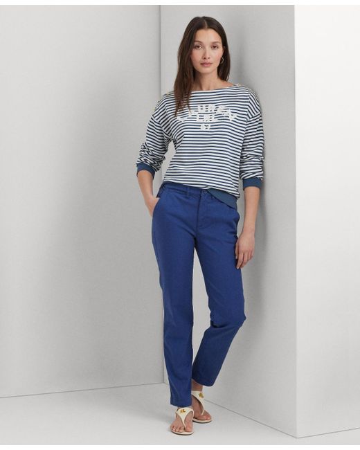 Lauren by Ralph Lauren Blue Embroidered Striped Top