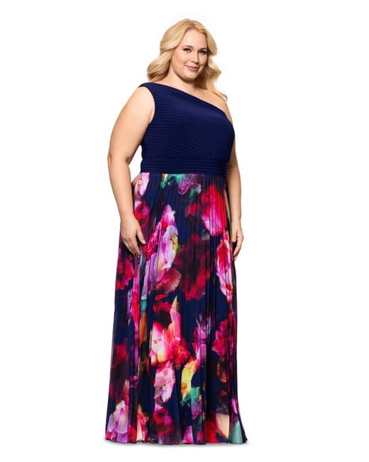 Xscape Red Plus Size One-shoulder Pleated Gown