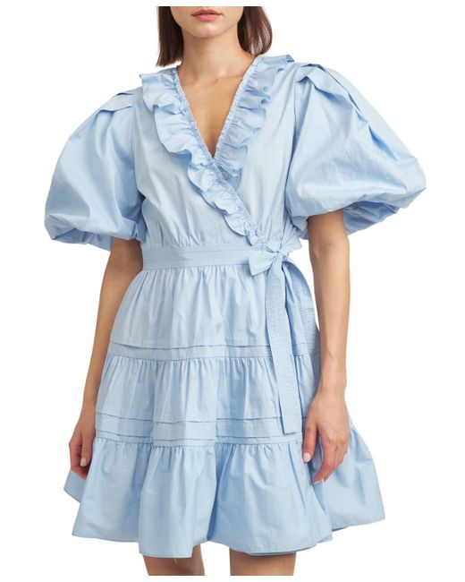 En Saison Blue Lorena Cotton Balloon-sleeve Mini Dress