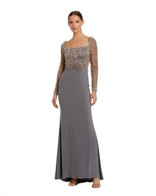 Mac Duggal Multicolor Beaded Square Neck Long Sleeve Jersey Gown
