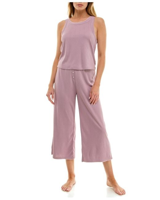 Roudelain Pink 2-piece Contrast Binding Sleeveless T-shirt And Pajama Set