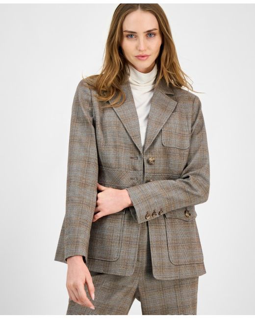 Anne Klein Brown Check-print Peak-lapel Three-pocket Jacket