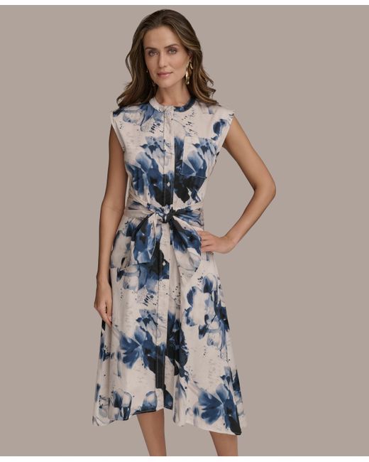 Donna Karan Blue Printed Tie-front Dress