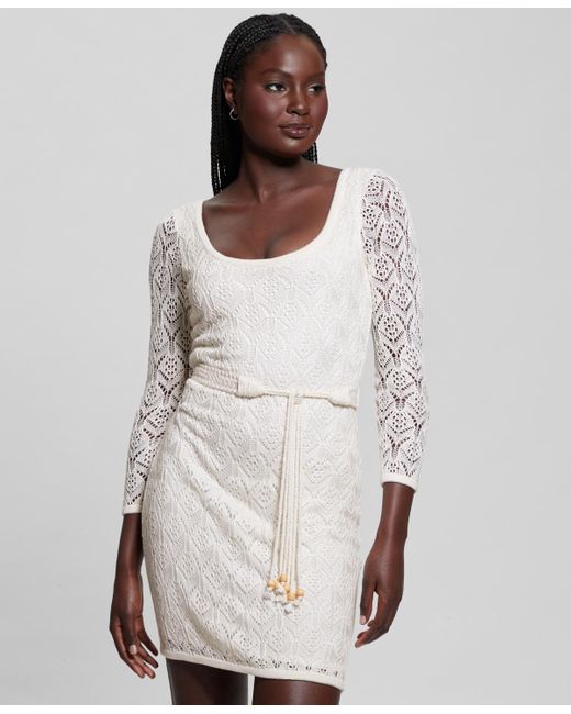 Guess Women's White Kara Scoop-neck 3/4-sleeve Belted Dress