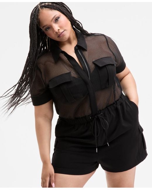 Nina Parker Black Trendy Plus Size Mesh Utility Romper