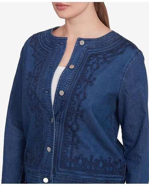 Ruby Rd Blue Petite Dark Stretch Denim Embroidered Jacket