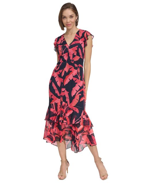 Tommy Hilfiger Red Printed Flutter-sleeve Ruffled High-low Midi Dress