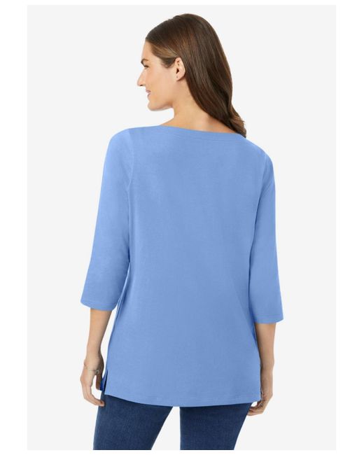 Woman Within Blue Within Perfect Three-quarter Sleeve Boatneck Tee