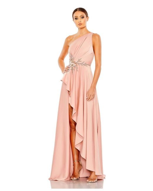 Mac Duggal Pink Embellished One Shoulder Asymmetrical Gown