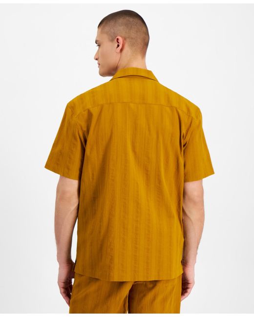 Alfani Orange Short Sleeve Textured Button-front Camp Shirt for men