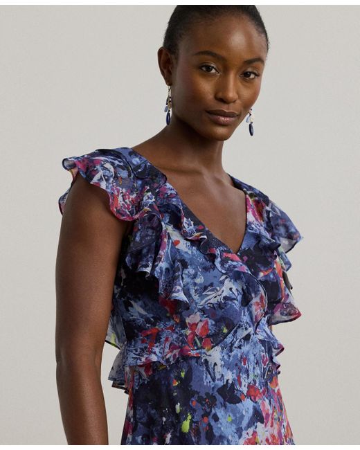 Ralph Lauren Blue Print Ruffle-trim Georgette Midi Dress