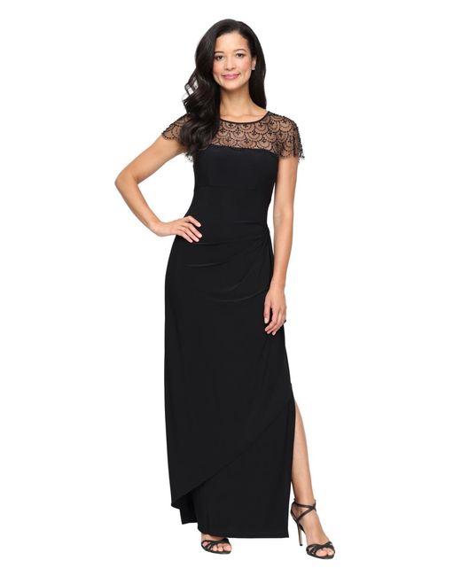 Alex Evenings Black Petite Boat Neck A-line Long Dress