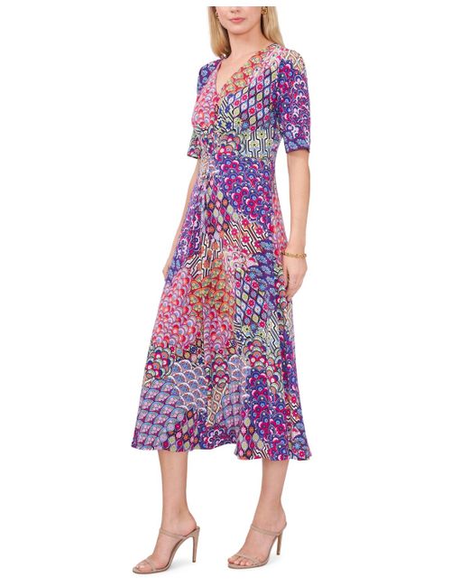 Msk Purple Mixed-print Twist-front Midi Dress