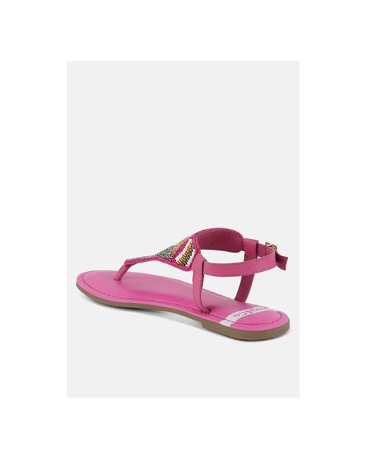 Rag & Co Pink Chitra Pin Buckle Beaded Flat Sandals