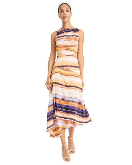 Maggy London White Satin Georgette Striped Asymmetrical Dress
