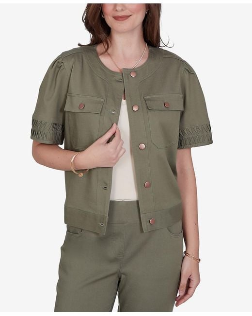 Ruby Rd Green Petite Pleated Short-sleeve Soft Denim Jacket