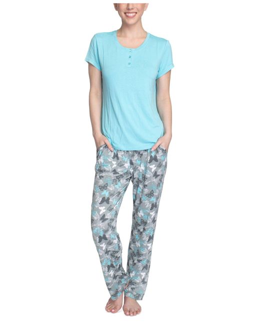 Hanes Short Sleeve Henley Top & Pajama Pants Set in Blue | Lyst