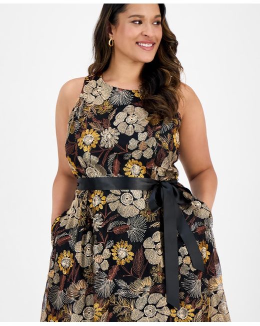 Tahari Multicolor Plus Size Embroidered-mesh Tie-waist Dress