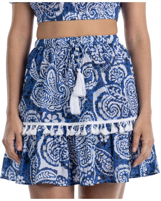 Dotti Blue Cotton Tassel-trim Tiered Cover-up Skirt