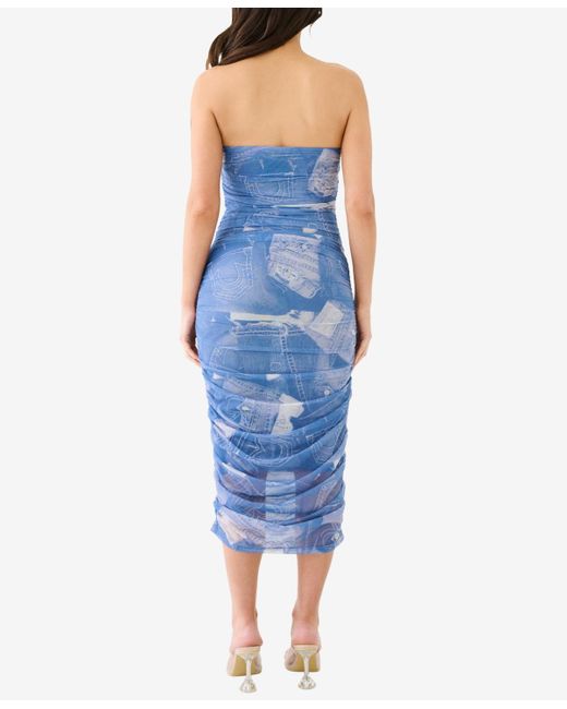 True Religion Blue Printed Denim Midi Mesh Ruche Tube Dress