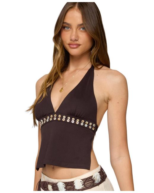 Edikted Black Pearlsy Button Backless Halter Top