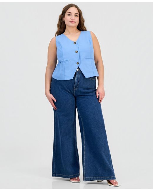 On 34th Blue Plus Size V-neck Button-front Vest Jacket