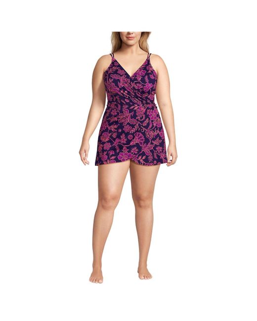 Lands' End Purple Plus Size Tulip Wrap Mini Swim Dress One Piece Swimsuit