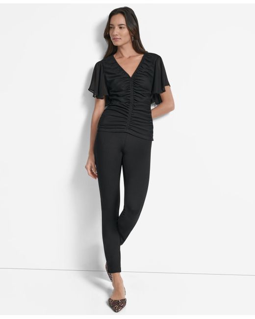 DKNY Black Center-ruched Flutter-sleeve Top