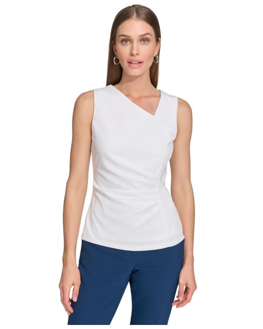 DKNY White Asymmetrical-neck Ruched Sleeveless Top