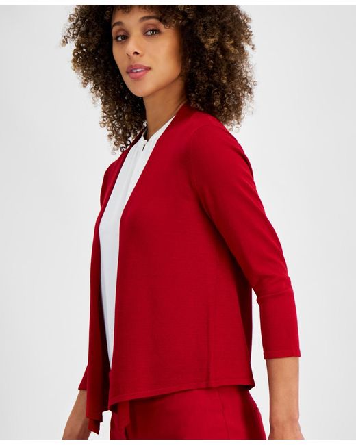 Kasper Red Open-front 3/4-sleeve Cardigan