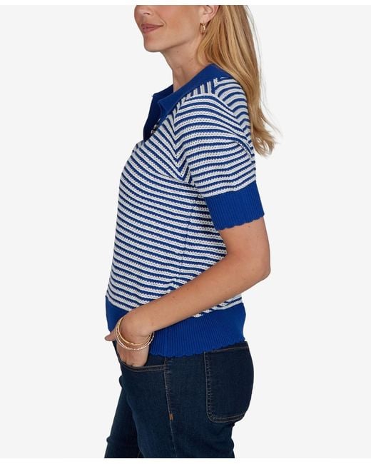 Ruby Rd Blue Petite Two-tone Collared Elbow-sleeve Sweater