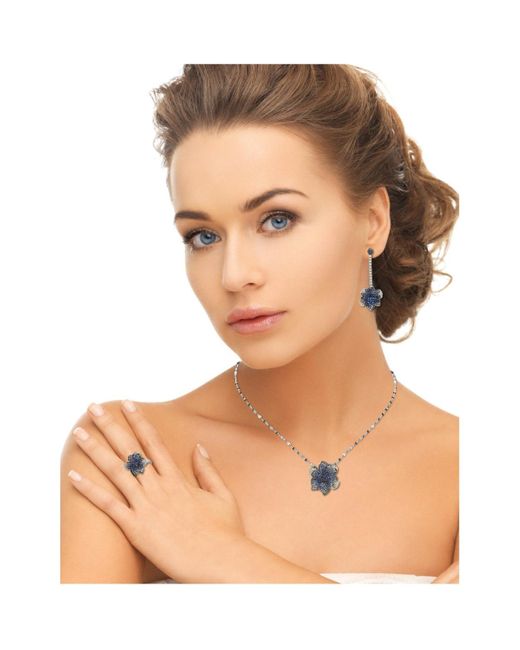SUZY LEVIAN NEW YORK Blue Suzy Levian Sterling Silver Sapphire & Created White Sapphire Flower Petal Drop Dangle Earrings