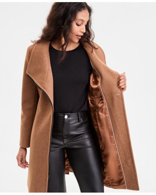 DKNY Brown Asymmetric Front-zip Belted Coat